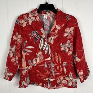 David N Women Blazer Jacket Medium Red Floral Tropical Button Collar Rayon Linen